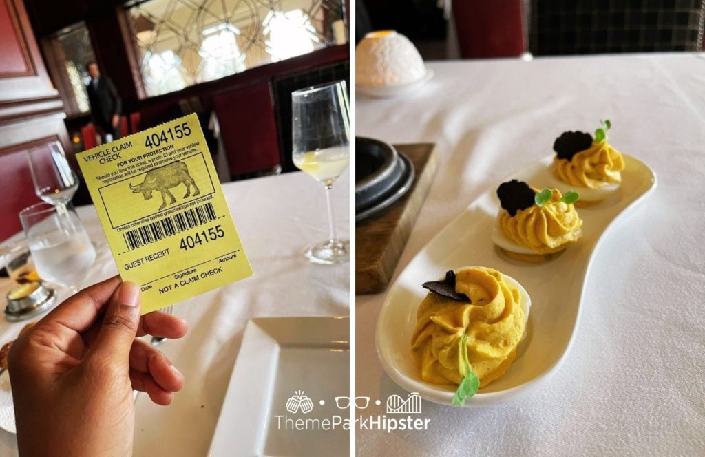 Validated Ticket with Deviled Eggs in Bull and Bear Steakhouse Orlando at Waldorf Astoria Hotel Bonnet Creek Hilton Signia Hotel at Disney World. Keep reading to find out all you need to know about eating at Bull & Bear Waldorf Astoria Orlando.