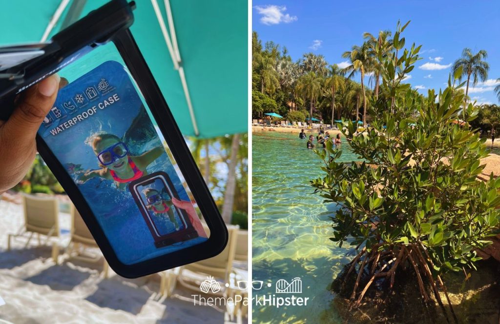 Waterproof Case next to lagoon Discovery Cove All Inclusive Water Park at SeaWorld Orlando. Keep reading to find out about Seaworld Orlando's Discovery Cove.