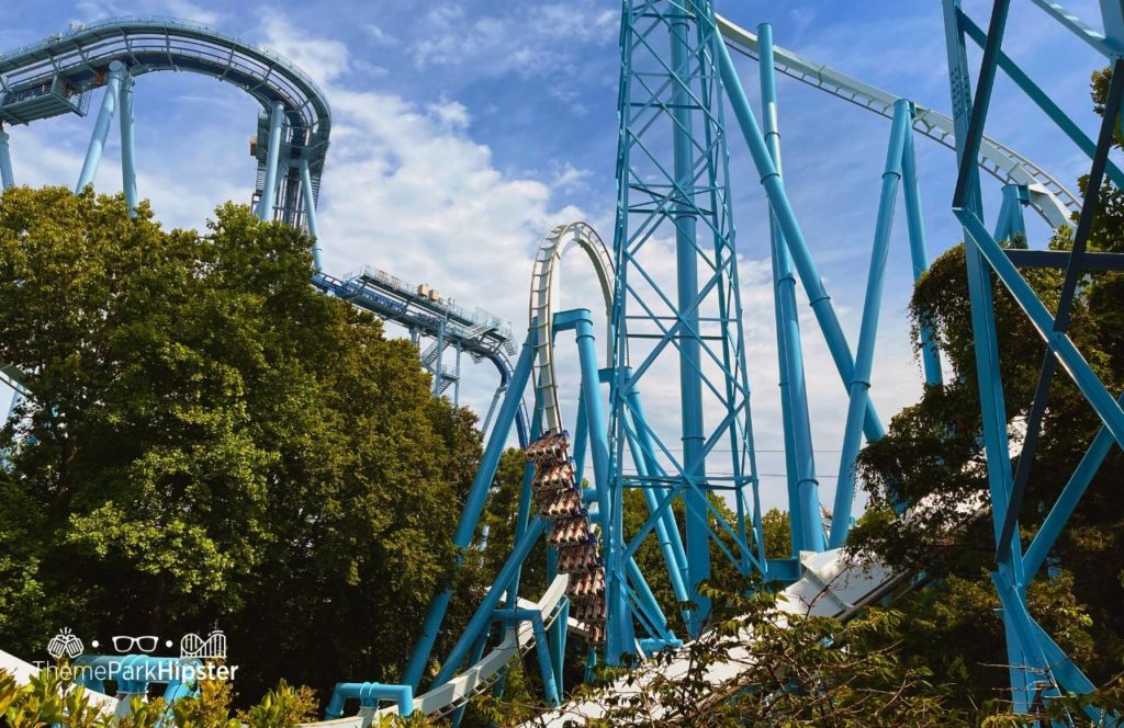 Alpengeist Roller Coaster in Germany Area with Griffon in the background at Busch Gardens Williamsburg Virginia