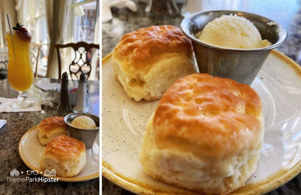Breakfast at the cafe with biscuit and butter with mimosa in Disney Grand Floridian Resort. Keep reading for the full guide to the best places to eat brunch at Disney World.