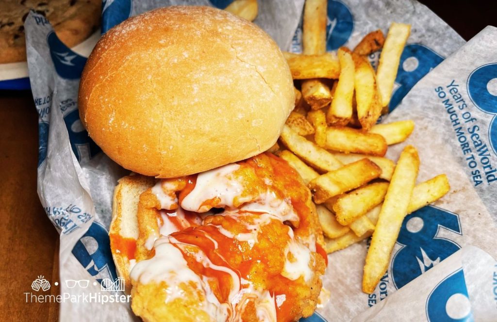 SeaWorld Orlando Resort Seafire Grill All Day Dining with Buffalo Chicken Sandwich and Fries