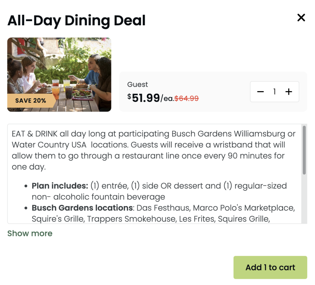 2025 Busch Gardens Williamsburg All Day Dining Deal Price and Cost