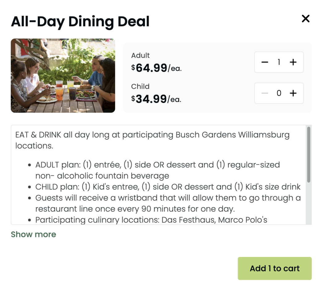 2025 Busch Gardens Williamsburg All Day Dining Deal for Adults and Child