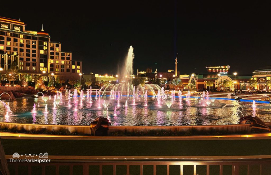 Celestial Park at Night Cosmic Lagoon Water Show with Helios in the background Universal Epic Universe Theme Park Orlando