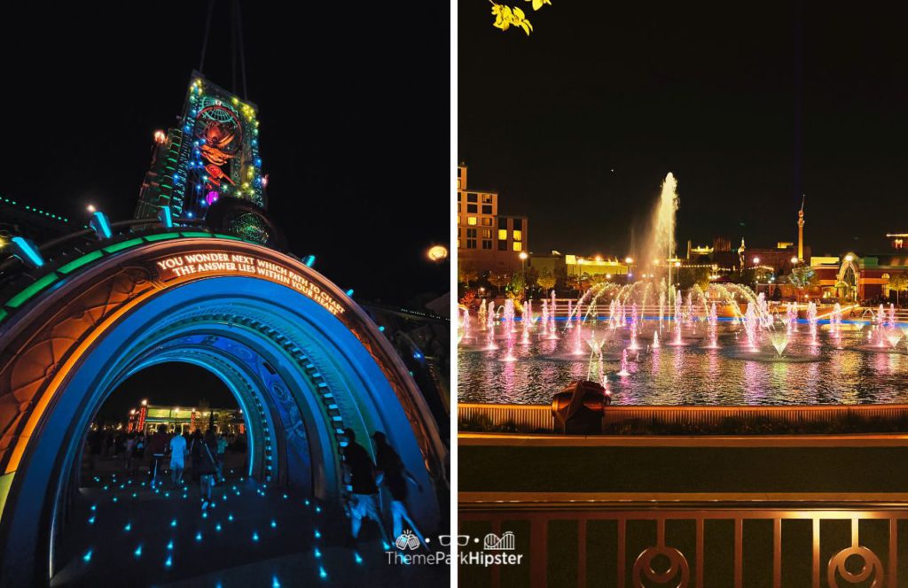 Celestial Park at Night Main Entrance Portal with Water Show Universal Epic Universe Theme Park Orlando. Keep reading to find out all you need to know planning the best Epic Universe itinerary.