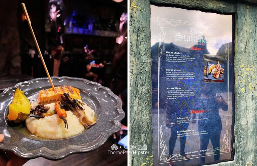 Dark Universe Das Stakehaus Restaurant Menu and Fish on a Stake Universal Epic Universe Theme Park Orlando