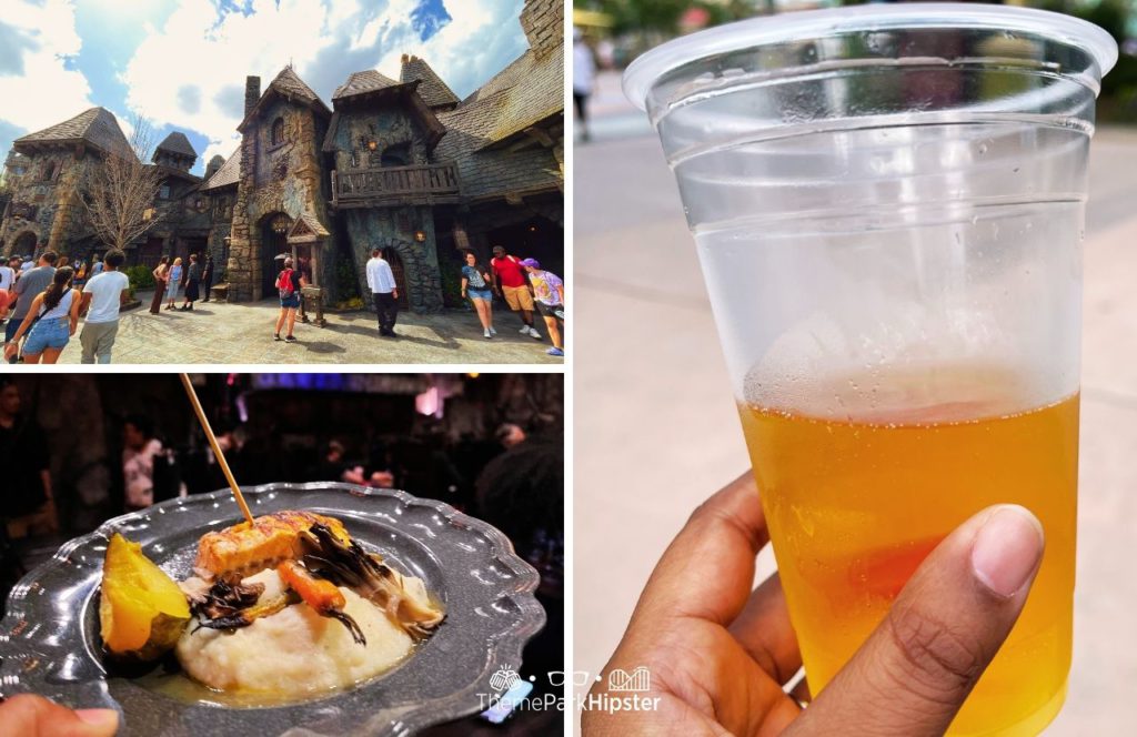 Dark Universe Das Stakehaus Restaurant fish on a stake with cider Universal Epic Universe Theme Park Orlando
