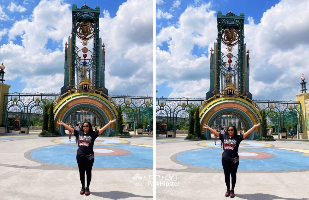 Entrance Gate with NikkyJ Universal Epic Universe Theme Park Orlando on a solo trip.