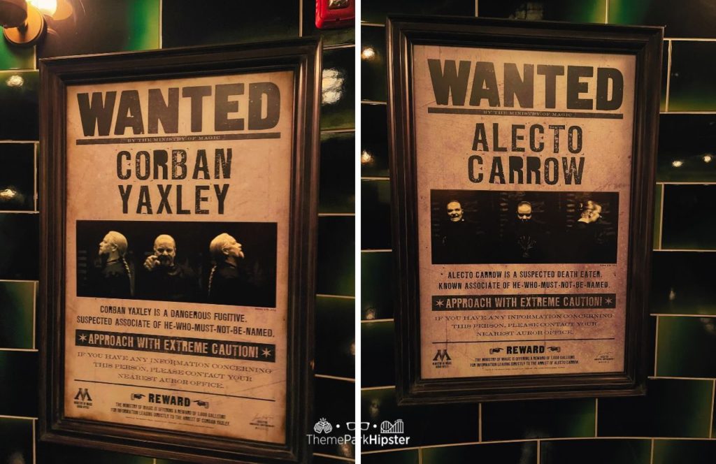 The Wizarding World of Harry Potter Battle at the Ministry of Magic Ride Queue wanted posters Corban Yaxley and Alecto Carrow Universal Epic Universe Theme Park Orlando