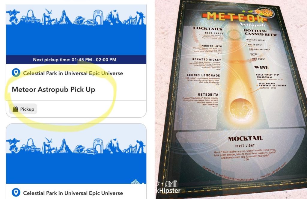 Universal Epic Universe Theme Park Celestial Park Meteor Restaurant Menu and Mobile App