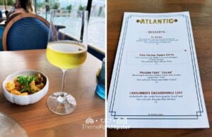 Universal Epic Universe Celestial Park Atlantic Restaurant Dessert Menu with Sweet and Spicy Shrimp and Wine