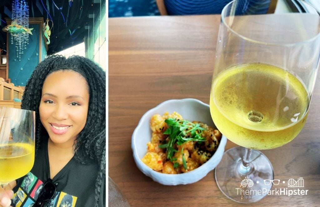 Universal Epic Universe Celestial Park Atlantic Restaurant with NikkyJ and Wine and Shrimp