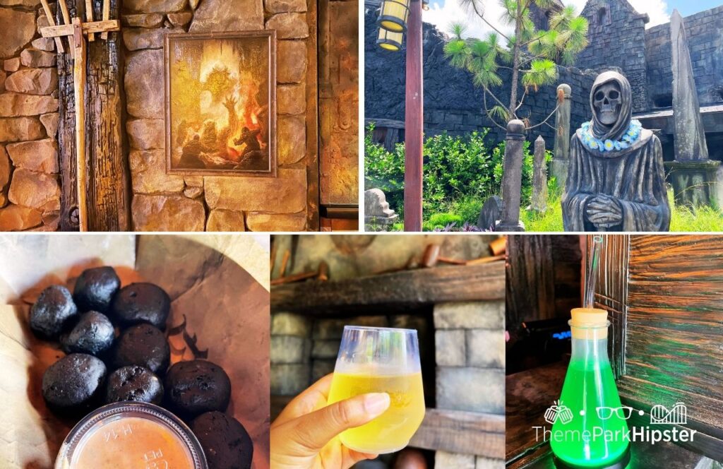 Universal Epic Universe Dark Universe Darkmoor Burning Blade Tavern Cheddar Bites Wine and Monocane Mocktail