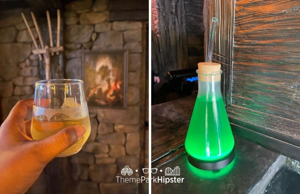 Universal Epic Universe Dark Universe Darkmoor Burning Blade Tavern with wine and Monocane Mocktail. Keep reading to find out my Epic Universe Burning Blade Tavern review.  