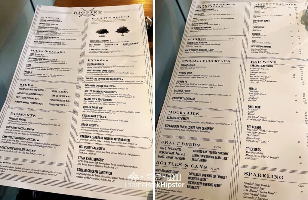 Universal Orlando Resort Big Fire Grill Restaurant CityWalk Menu