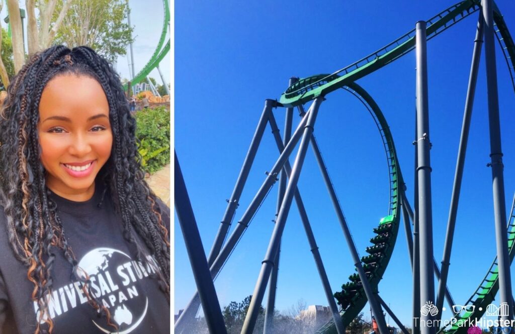 Universal Orlando Resort Islands of Adventure with NikkyJ in front of the hulk roller coaster