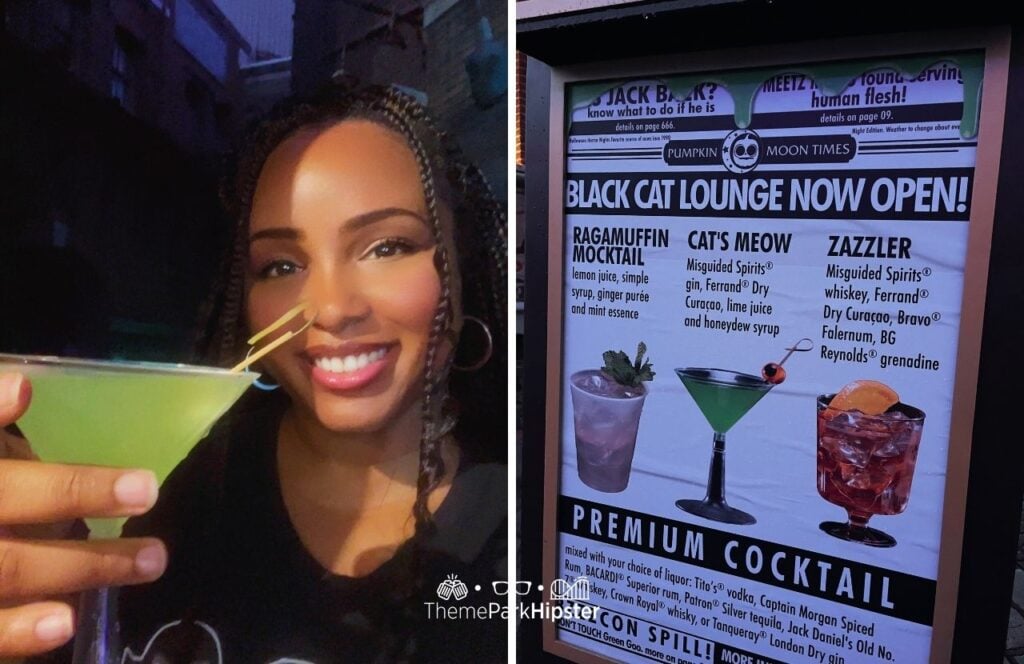 Mutations Toxic Twenties Scare Zone Black Cat Lounge with NikkyJ enjoying Cat’s Meow Martini Cocktail Drink Universal Studios Halloween Horror Nights 2025 HHN 34