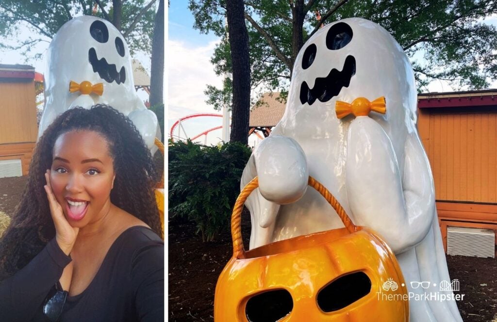 Carowinds Amusement Theme Park Camp Snoopy Scarowinds Halloween Event with NikkyJ and Ghost Statue