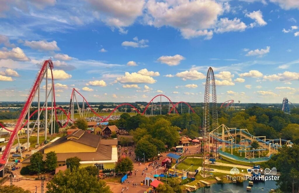 Carowinds Amusement Theme Park Carolina SkyTower Interior Birds Eye view of Thunder Striker Roller Coaster and Ripcord and Kiddy Hawk Roller Coaster