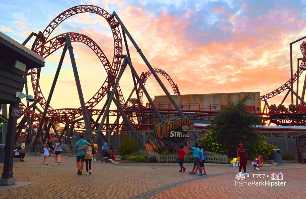 Carowinds Amusement Theme Park Copperhead Strike Roller Coaster at Sunset