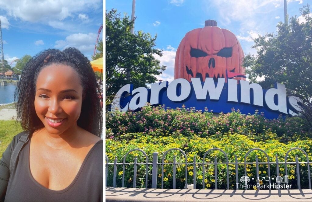 Carowinds Amusement Theme Park NikkyJ at the Entrance of Scarowinds. Solo Theme Park Trip with one new park each month challenge.