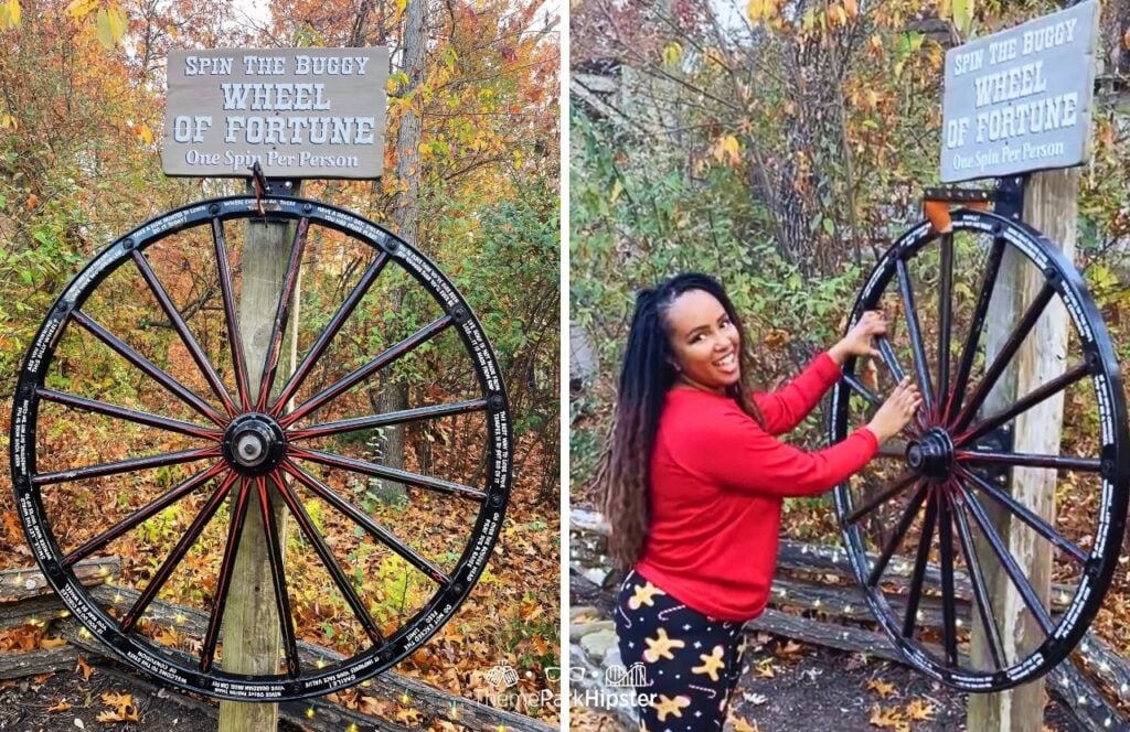 Nikky at the Spin the Buggy Wheel of Fortune in Silver Dollar City Theme Park in Branson, Missouri