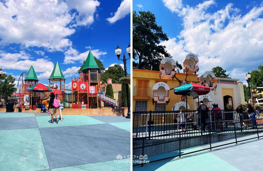 Six Flags Over Georgia Amusement Park Bugs Bunny Boomtown Area Playground and Yosemite Sam Wacky Wagon. Keep reading for more tips on planning a trip to Six Flags Over Georgia.