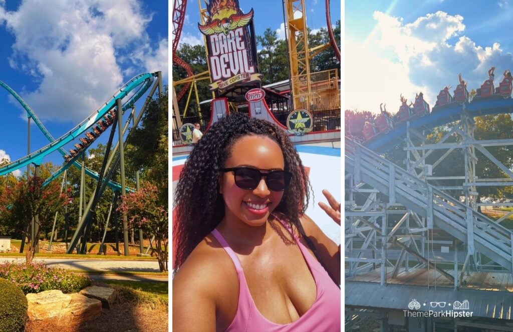 Six Flags Over Georgia Amusement Park Dare Devil Dive with Goliath and Twisted Cyclone Roller Coaster with NikkyJ. Solo Theme Park Trip with one new park each month challenge.