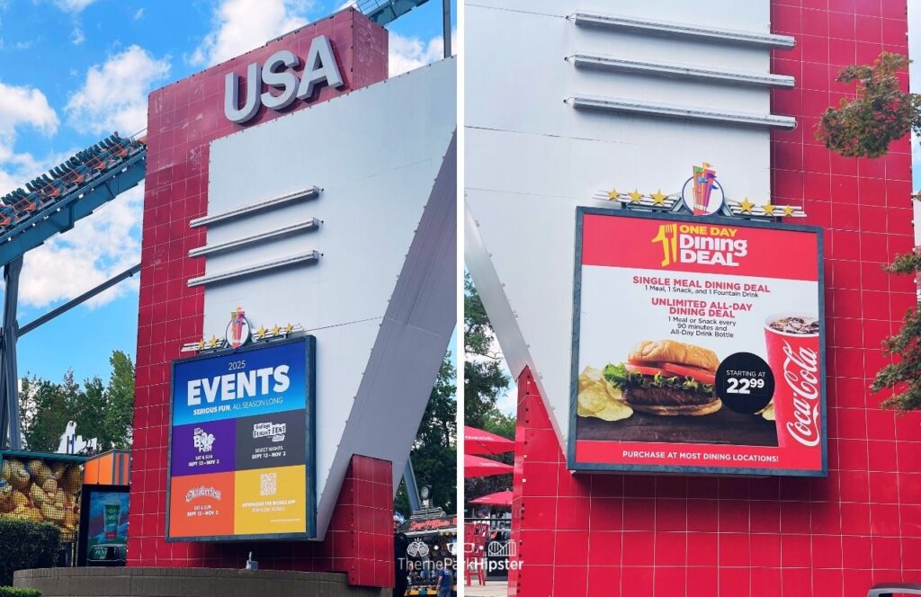 Six Flags Over Georgia Amusement Park Events Guide with One Day Dining Deal and Goliath Roller Coaster in the Background. Keep reading to find out everything you need to know about visiting Six Flags Over Georgia for the first time.