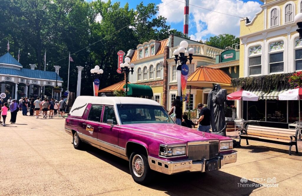 Six Flags Over Georgia Amusement Park Fright Fest Halloween Purple Hearse Car (
