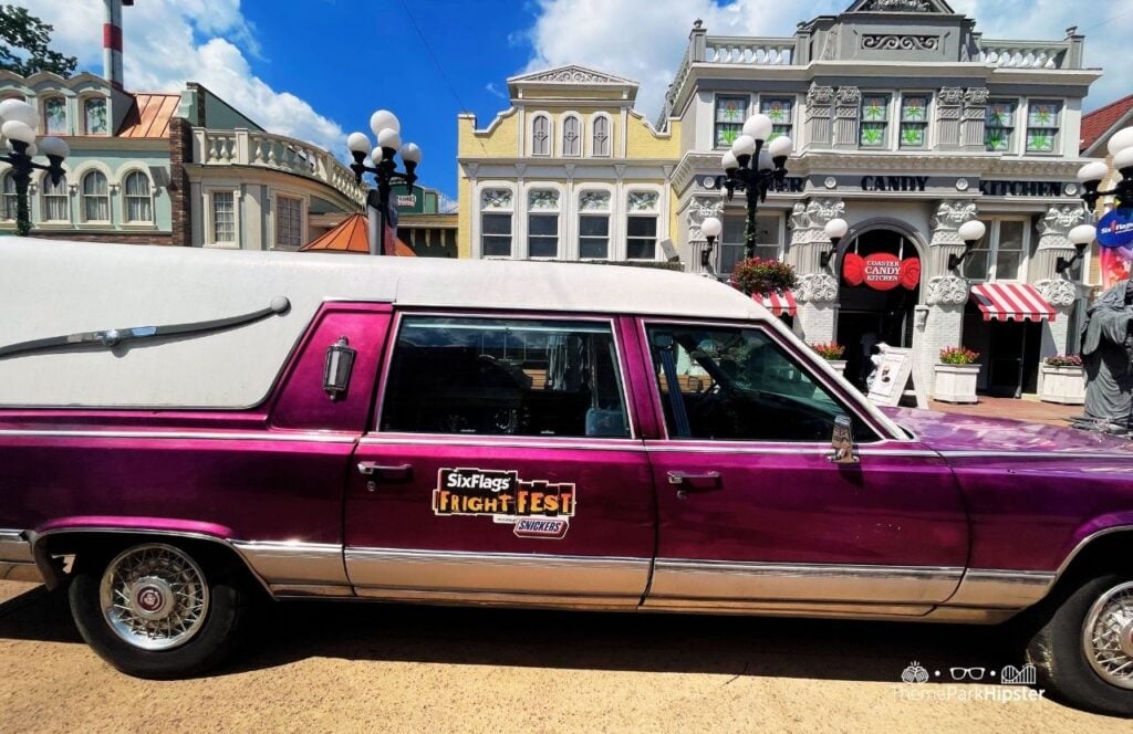 Six Flags Over Georgia Amusement Park Fright Fest Halloween Purple Hearse Car