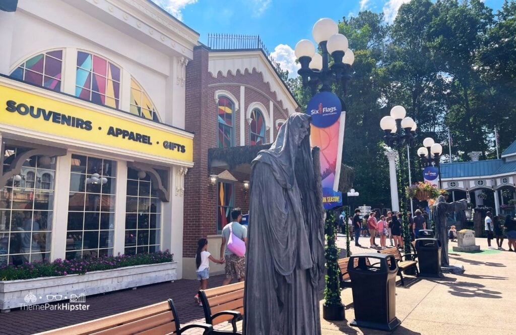 Six Flags Over Georgia Amusement Park Fright Fest Halloween Statue with Souvenirs Apparel Gift Shop