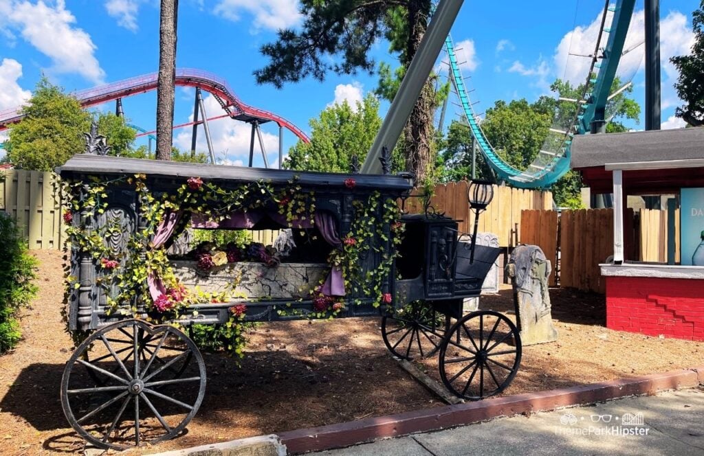 Six Flags Over Georgia Amusement Park Goliath Roller Coaster with Hearse Carriage for Fright Fest Halloween Event