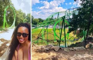 Six Flags Over Georgia Amusement Park Gotham City Area The Riddler Mindbender green Roller Coaster with NikkyJ Solo Theme Parks in Year Trip Guide