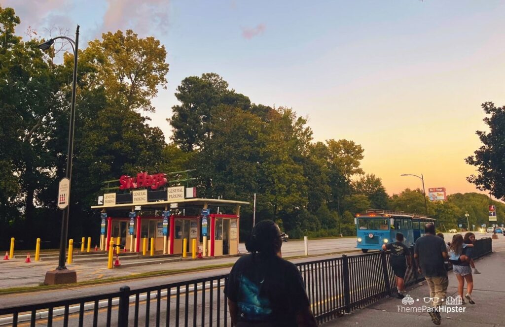 Six Flags Over Georgia Amusement Park Parking Entrance and Gate with Shuttle Trolley. Keep reading to find out how to plan your first trip to Six Flags Over Georgia.