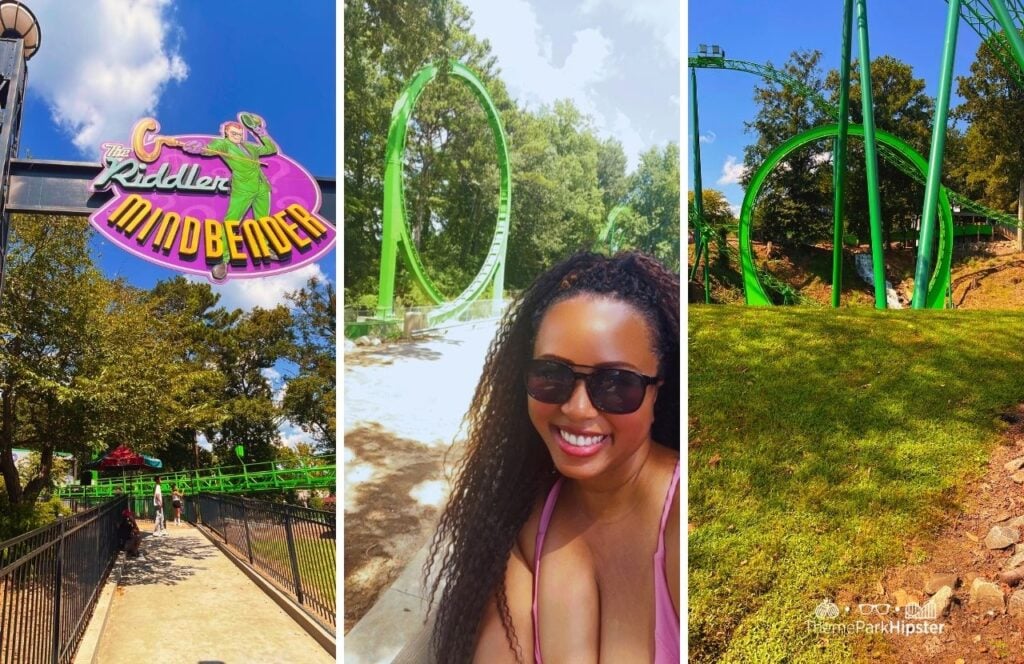 Six Flags Over Georgia Amusement Park The Riddler Mindbender Roller Coaster with NikkyJ. Solo Theme Park Trip with one new park each month challenge.