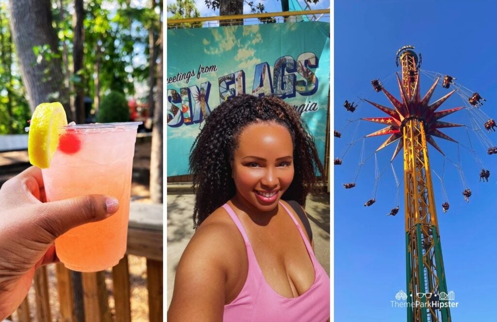 Six Flags Over Georgia Amusement Park with NikkyJ next to her drink and SkyScream Ride. Solo Theme Park Trip with one new park each month challenge.