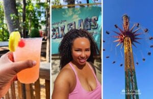 Six Flags Over Georgia Amusement Park with NikkyJ next to her drink and SkyScream Ride