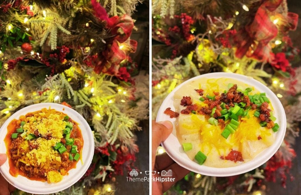 Wagon Works Grill food shop Christmas chili and potato leek soup at Silver Dollar City Theme Park in Branson, Missouri