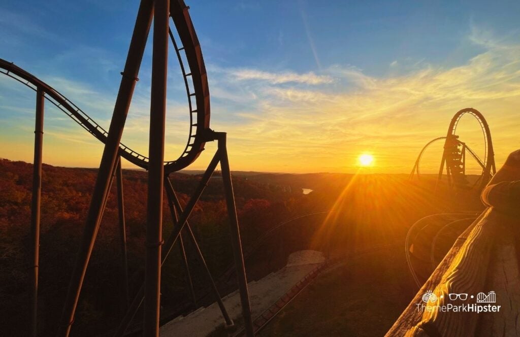 Wildfire Roller Coaster at sunset in Silver Dollar City Theme Park in Branson, Missouri