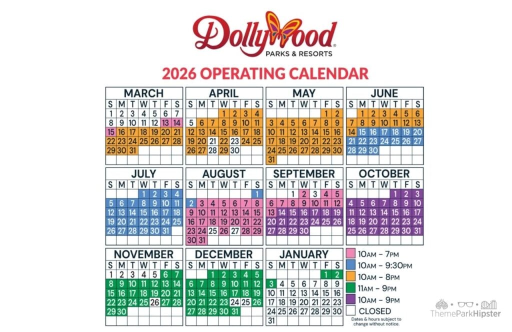 2026 Operating Hours Dates at Dollywood Theme Park