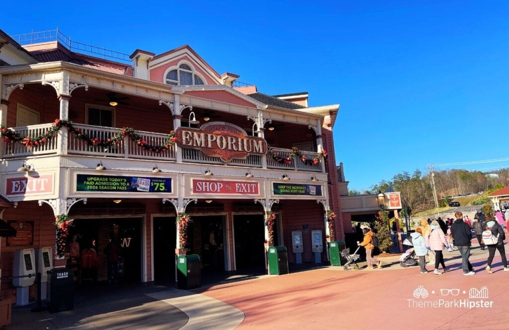 Emporium Gift Shop at A Smoky Mountain Christmas Dollywood Theme Park. Keep reading for more tips for visiting Dollywood for the first time.