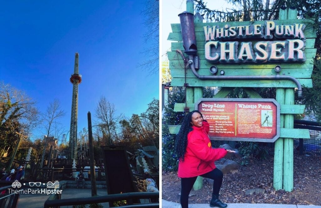 NIkkyJ Timber Canyon Drop Line Ride and Whistle Punk Chaser coaster at A Smoky Mountain Christmas Dollywood Theme Park. Keep reading for more Dollywood tips for first-time visitors. 