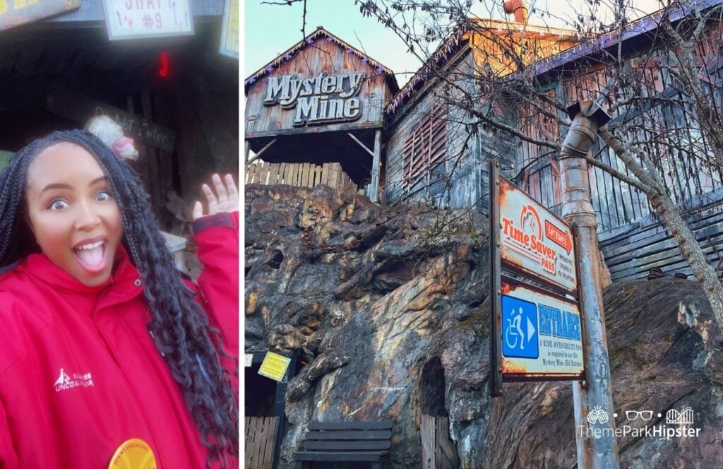 NikkyJ Timber Canyon Mystery Mine Roller Coaster with Time Saver at A Smoky Mountain Christmas Dollywood Theme Park. Keep reading for more tips for visiting Dollywood for the first time.