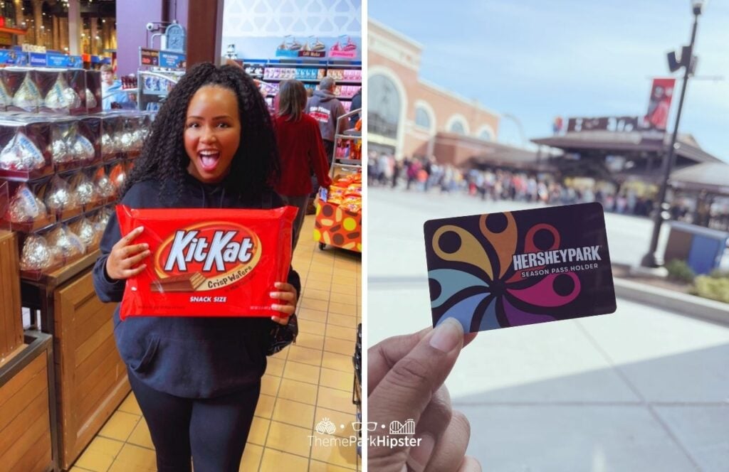 NikkyJ at Hersheypark holding Giant KitKat and Season Annual Pass. Solo Theme Park Trip with one new park each month challenge.
