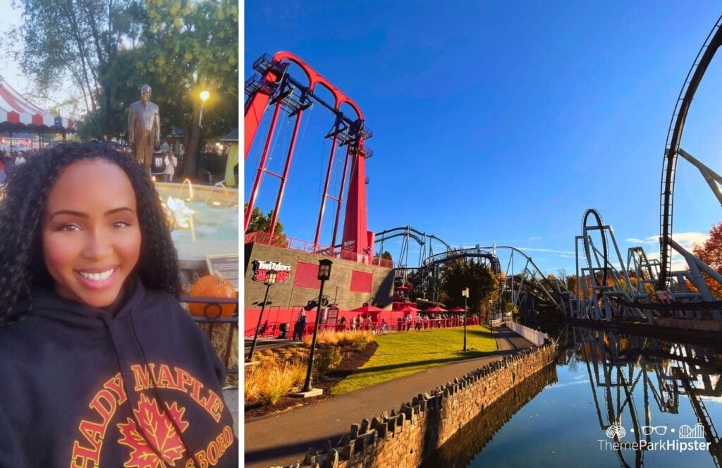 NikkyJ at Hersheypark in front of Milton Hershey Statue and Twizzler Twisted Gravity Ride and Great Bear Roller Coaster. Solo Theme Park Trip with one new park each month challenge.