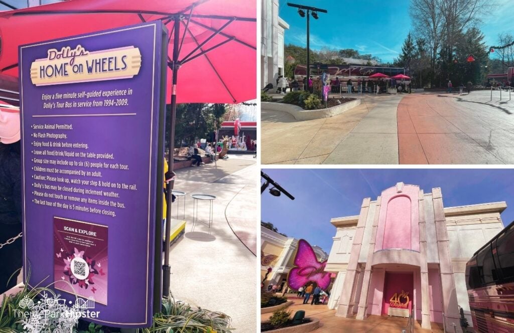 The Dolly Parton Experience area Tour Bus at A Smoky Mountain Christmas Dollywood Theme Park. Keep reading for more tips for visiting Dollywood for the first time.