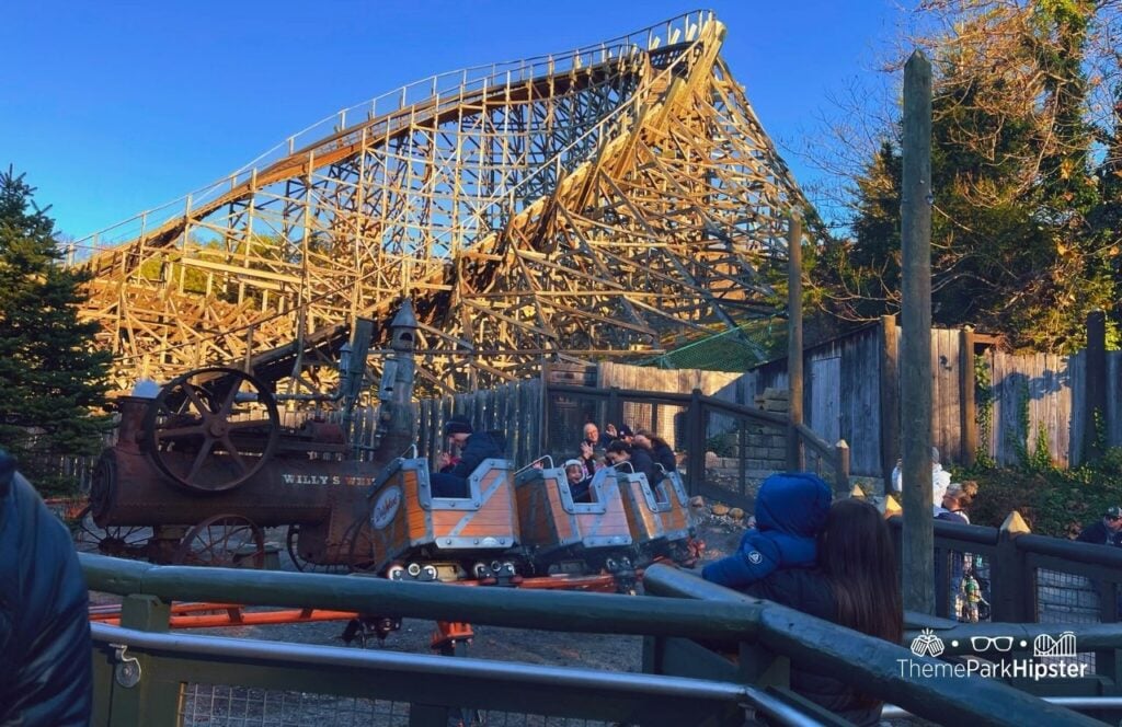 Timber Canyon Thunderhead Wooden Roller Coaster Whistle Punk Chaser at A Smoky Mountain Christmas Dollywood Theme Park