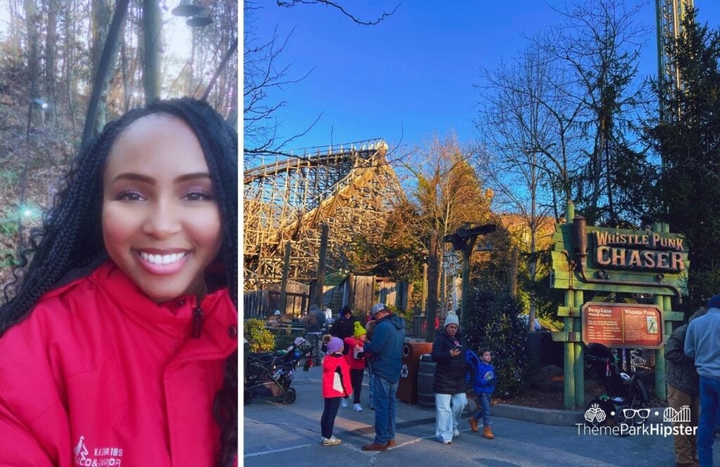 Timber Canyon Thunderhead Wooden Roller Coaster with NikkyJ and Whistle Punk Chaser at A Smoky Mountain Christmas Dollywood Theme Park. Keep reading for your full guide to planning a Dollywood vacation. 