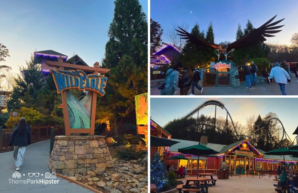 Wild Eagle Roller Coaster at A Smoky Mountain Christmas Dollywood Theme Park. Keep reading for your full guide to planning a Dollywood vacation. 